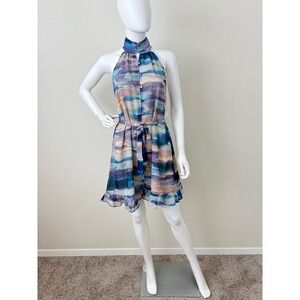 NWT Halter Mini Dress Medium Watercolor Abstract Blue Ruffle Hem Wedding Guest